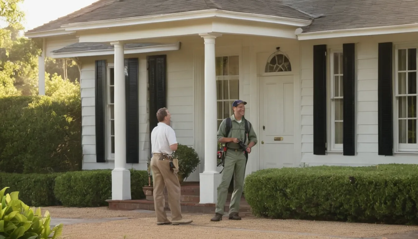 A friendly pest control provider talking with a homeowner at the front door of a Baltimore home