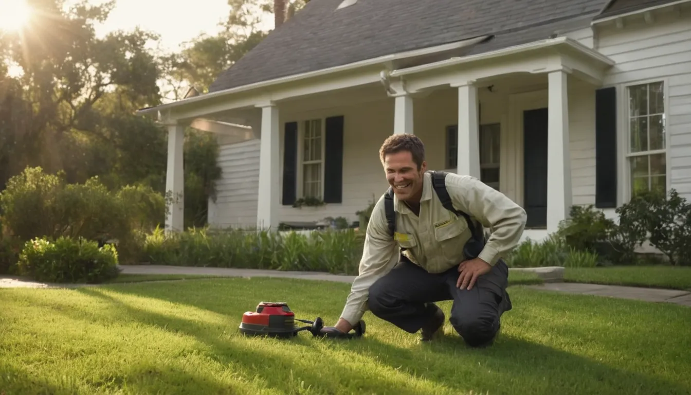 Friendly pest control provider talking with a homeowner at the front door of a colonial home in Baltimore